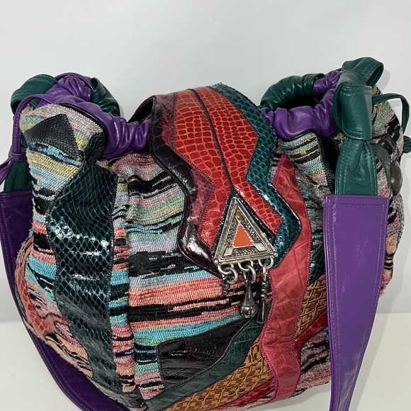 Sharif Large Python Croc Ikat Leather Drawstring Snap Flap Bucket Shoulder Bag - Picture 8 of 16